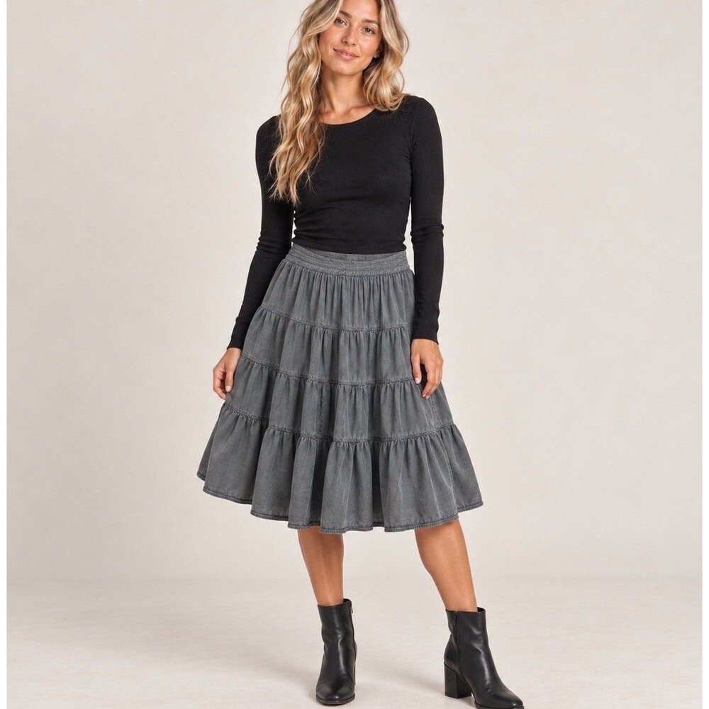 Free People In Full Swing Gray Tiered Midi Skirt Women S Boho Pockets